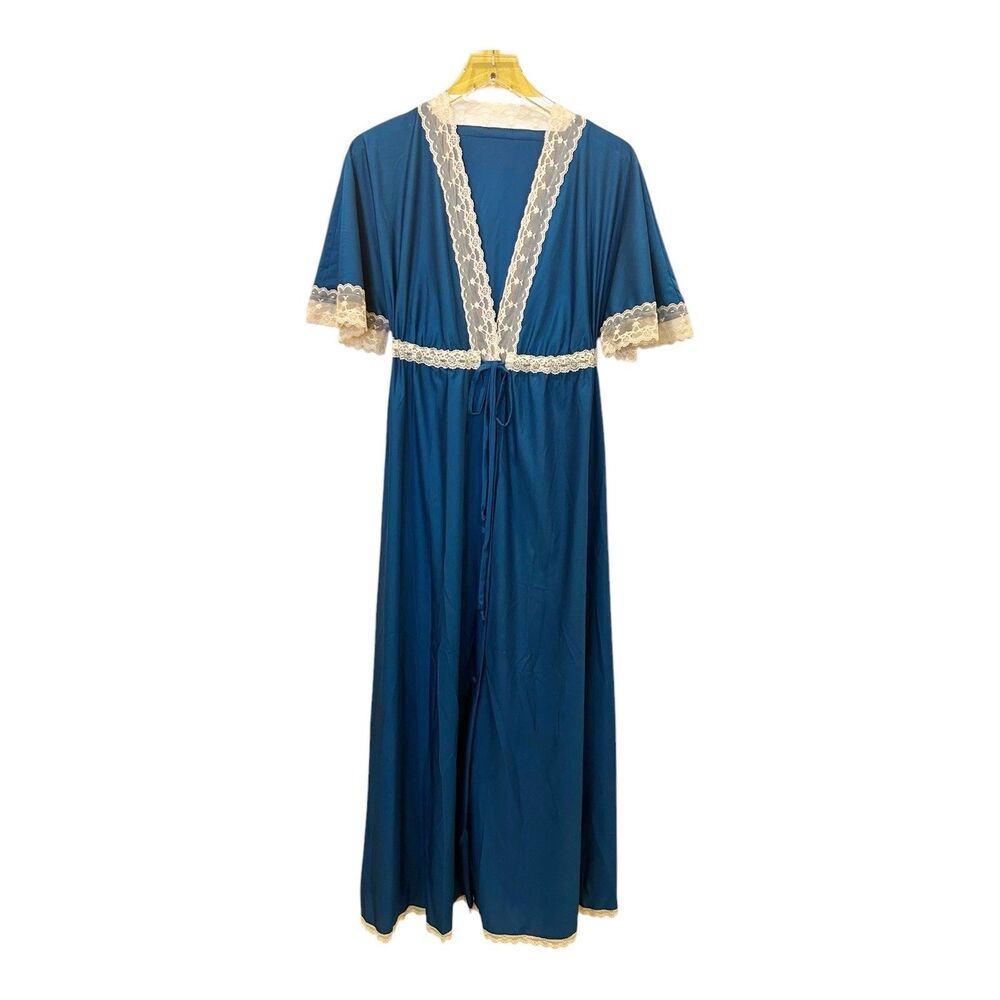 Shadowline VTG Peignoir Robe Nylon Deep V Neck Button Down Bow Blue Nude Lace S